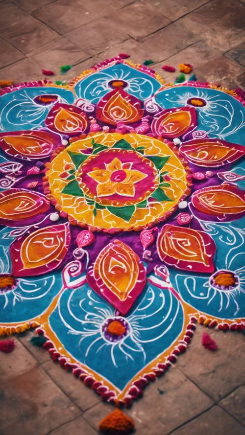 Rangoli-Kunstwerk in leuchtenden Farben mit traditionellen indischen Mustern, erstellt auf dem Boden eines Hauseingangs zur Diwali-Feier.