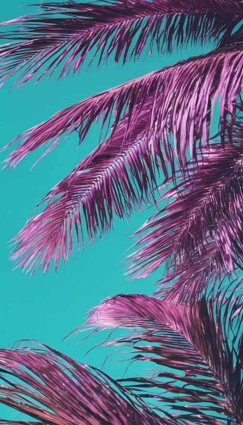 Un primer plano de hojas de palmeras tropicales de color púrpura contra un cielo turquesa brillante y despejado.