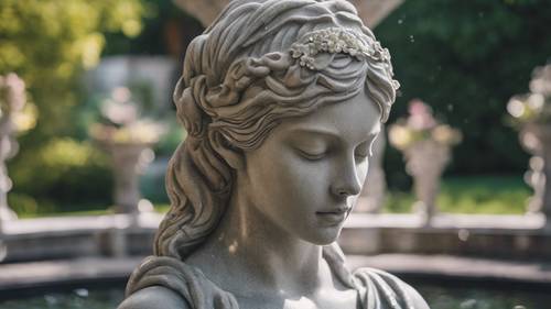 一座优雅的、泉水充足的花岗岩喷泉，雕刻成处女座少女的形状。
