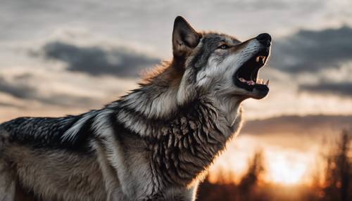 An alpha wolf with a glossy black and white coat, howling at the setting sun on an autumn evening.