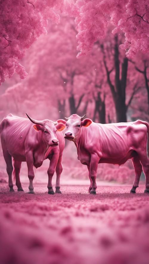 Różowe krowy radośnie bawią się w pobliżu magicznego jednorożca w zjawiskowej scenerii.
