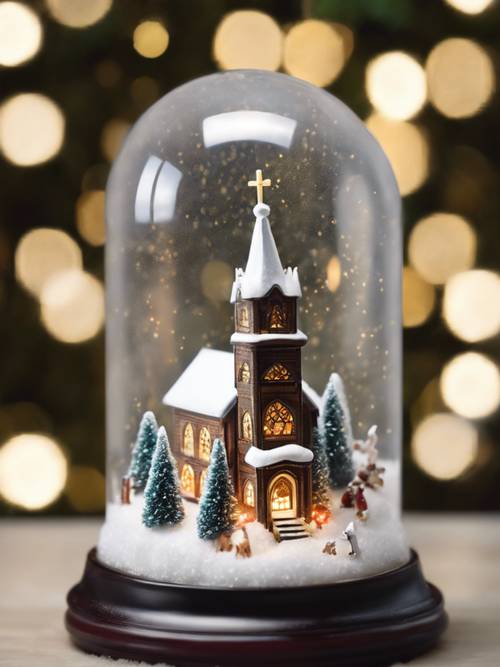 Una sfera di neve che mostra una scena natalizia bianca in miniatura con una chiesa innevata, canti natalizi e una leggera nevicata quando viene agitata.