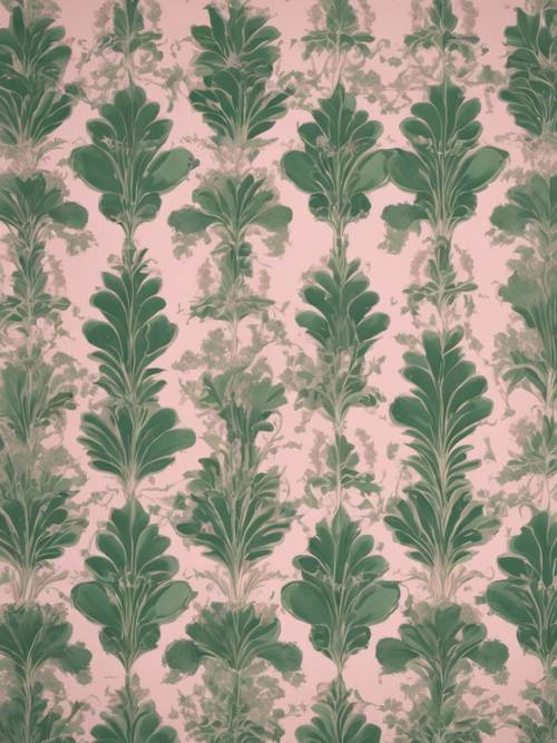 Un papel pintado de estilo victoriano con intrincados diseños de hojas verdes sobre un fondo rosa polvoriento.