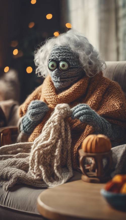 An elderly monster knitting a warm scarf in a cozy and peaceful living room.