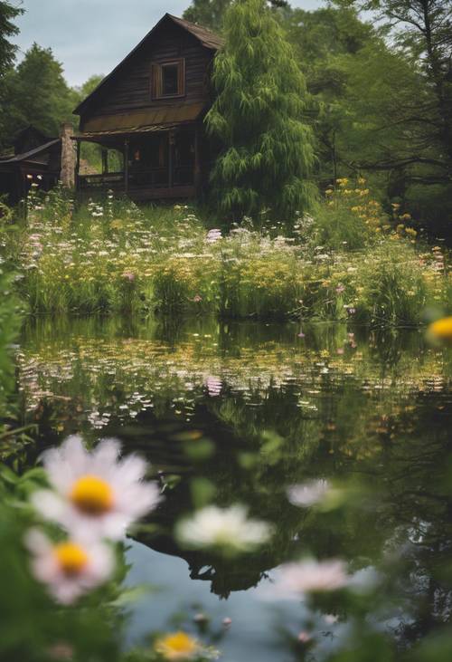 Various cottagecore wildflowers floating gently on a peaceful pond framed by lush greenery and rustic charm.