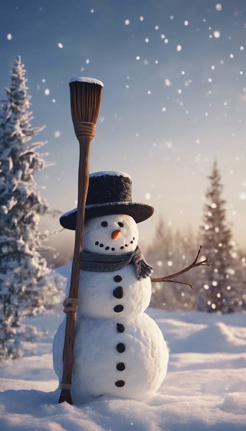 A rustic country snowman with a wooden broom, standing near a snow-covered pine tree, with snowflakes in the twilight sky.