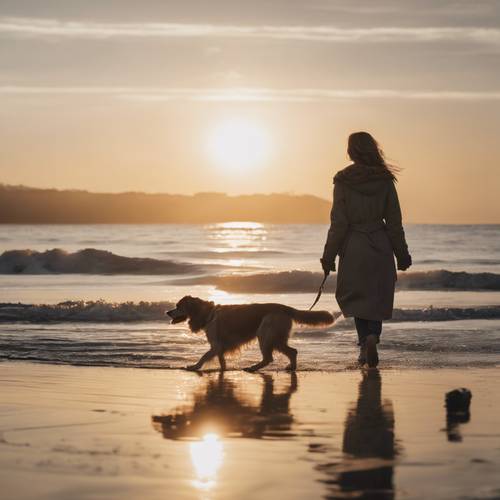 A beach scene with a woman walking her enthusiastic dog along the water's edge at sunset.