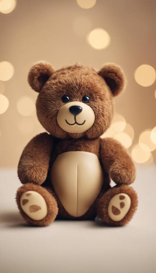 A close-up image of a grinning brown toy bear sitting against a soft cream background.