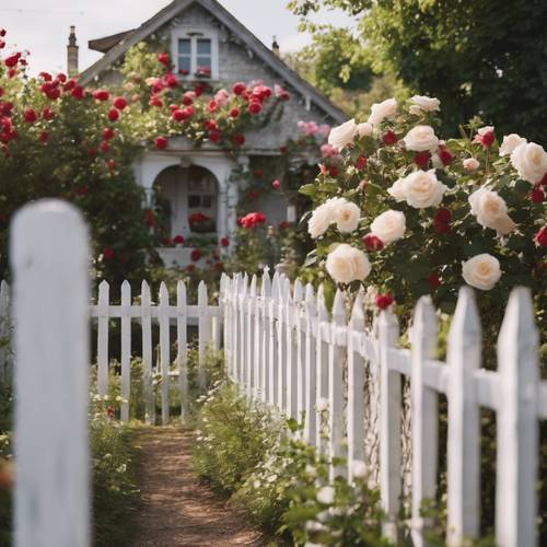 A charming white picket fence surrounding the garden of a quaint cottage with roses climbing up the walls.