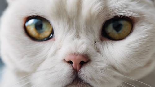 A white Scottish Fold with unique folded ears, looking directly at the camera with an adorable expression