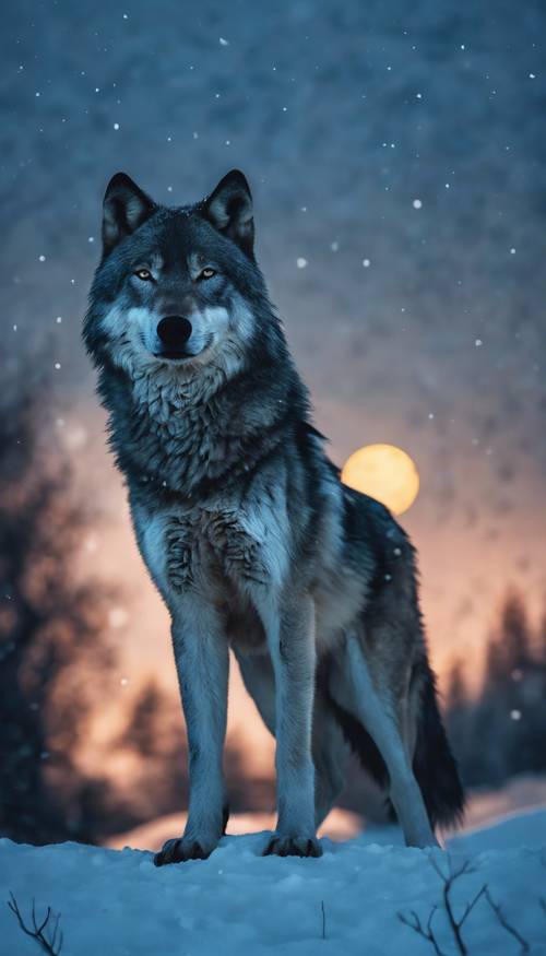 Dunkle Winternacht mit einem hellen Vollmond, der einen blauen Wolf beleuchtet, der auf einem schneebedeckten Hügel steht.