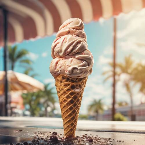 Un cono gelato a tre palline che si scioglie nel caldo di mezzogiorno.