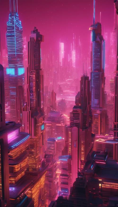 A 3D model of a futuristic city in Y2K aesthetic with neon lights and tall skyscrapers at night