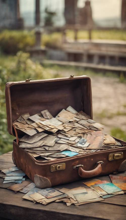 一個破舊的皮革手提箱，裡面裝滿了舊明信片