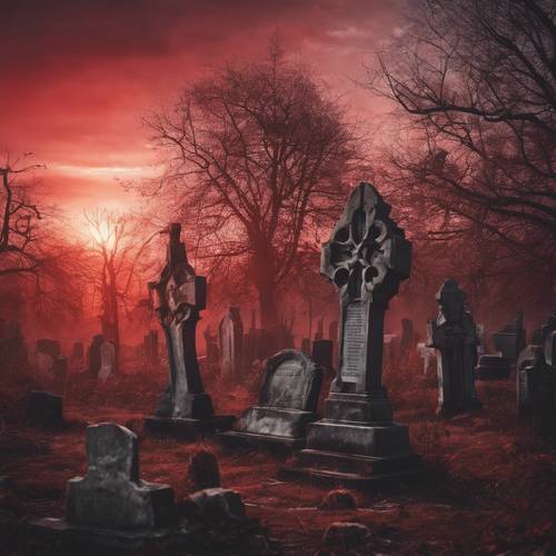 Une image obsédante d’un ancien cimetière gothique sous un coucher de soleil rouge.