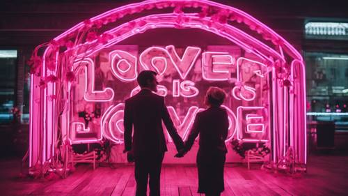 &quot;Amor é Amor&quot; em luzes neon rosa em um casamento entre pessoas do mesmo sexo.