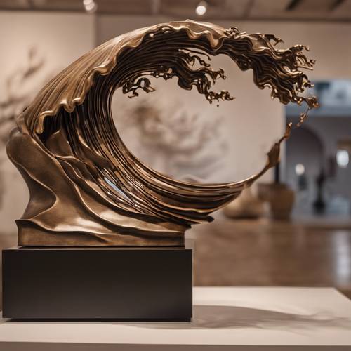 An elegant bronze sculpture of a Japanese wave in a contemporary art gallery.