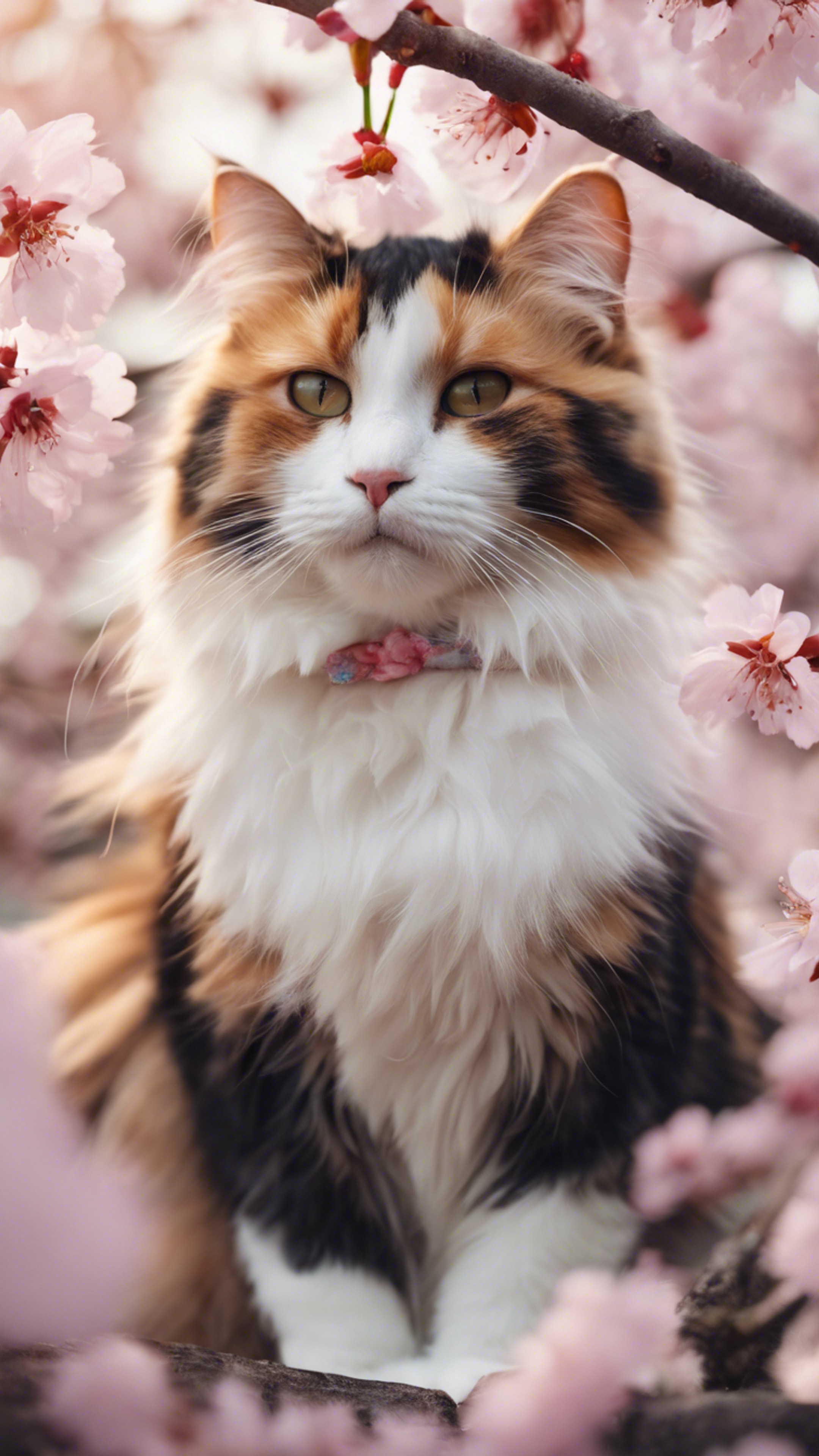 A fluffy calico cat in a cute pose sitting amongst cherry blossoms. Tapet[3cf3847c7c9c4f38aba7]