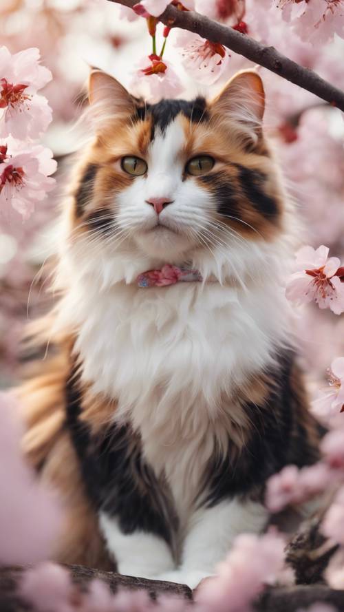 A fluffy calico cat in a cute pose sitting amongst cherry blossoms.