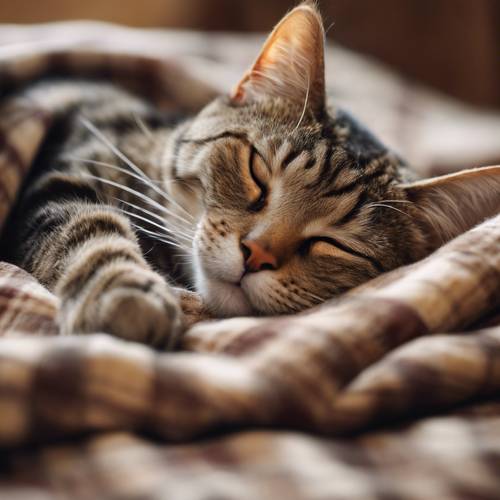 A sleeping tabby cat comfortably nestled on a brown plaid blanket.