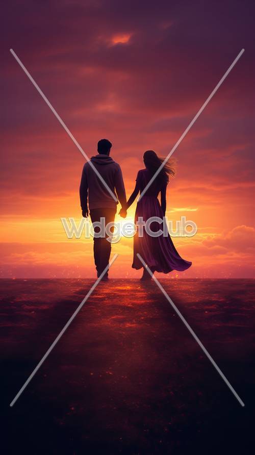 Promenade au coucher du soleil avec un couple se tenant la main