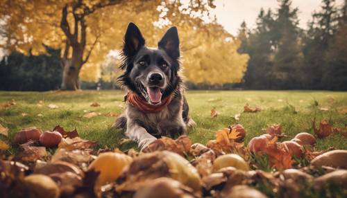Un cane gioioso che gioca a prendere mentre la famiglia fa un picnic sotto un albero dalle foglie autunnali.