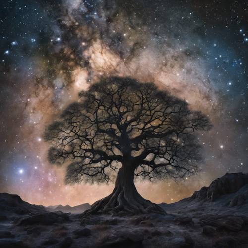 Захватывающая картина, изображающая древнее массивное дерево, стоящее на фоне звезд.