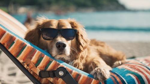 A close-up of a dog with sunglasses lounging on a beach chair.