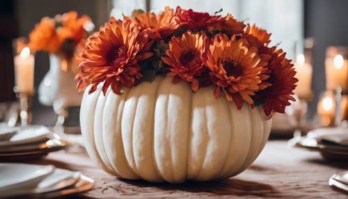 Klassischer Thanksgiving-Tafelaufsatz mit modernem Touch: ein ausgehöhlter weißer Kürbis, gefüllt mit rot-orangen Chrysanthemen.