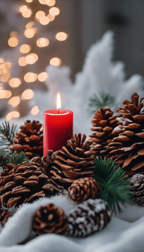 Eine gemütliche Atmosphäre mit einer brennenden roten Kerze, eingebettet zwischen Tannenzapfen und weihnachtlichem Grün.