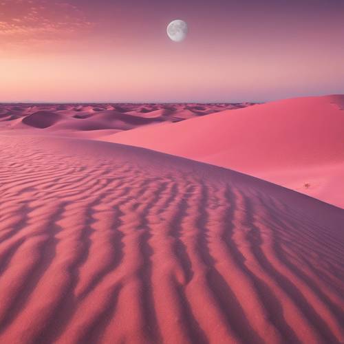 The moon casting soft shadows over a sea of pink paisley sand dunes.