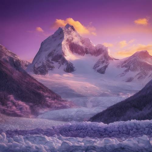 Matahari terbenam di balik puncak gunung yang tertutup es, memancarkan cahaya ungu yang tenang.