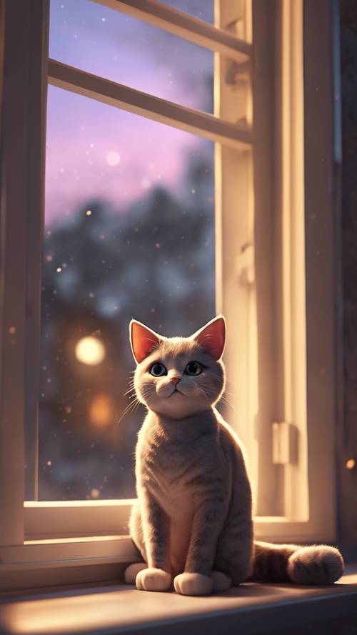 Un simpatico gatto cartone animato seduto vicino alla finestra al crepuscolo.