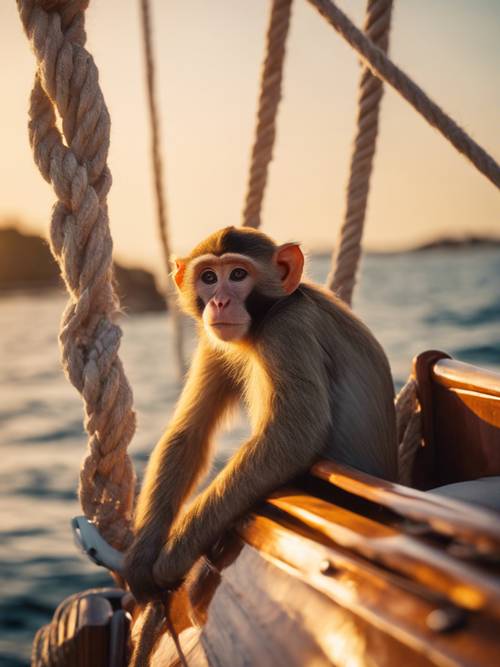A preppy monkey on a wooden sailing boat, enjoying the summer sun setting into the sea.