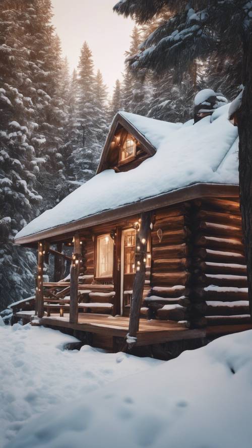 Una pittoresca capanna di tronchi con luci invitanti che brillano dalle sue piccole finestre, circondata da alberi carichi di neve.
