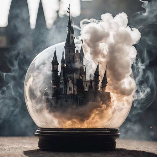 Fumaça negra subindo e enrolando na forma de um enorme castelo, envolto em uma esfera mágica de fumaça branca.