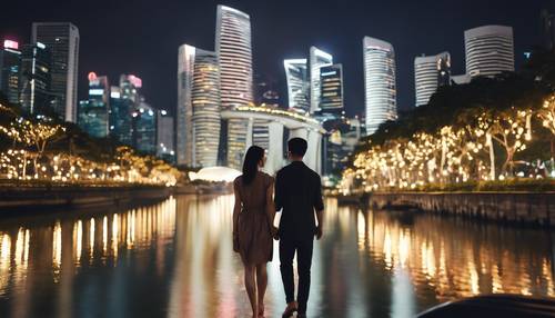 Мужчина и женщина наслаждаются романтической прогулкой вдоль реки Сингапур в окружении мерцающих огней городского пейзажа.