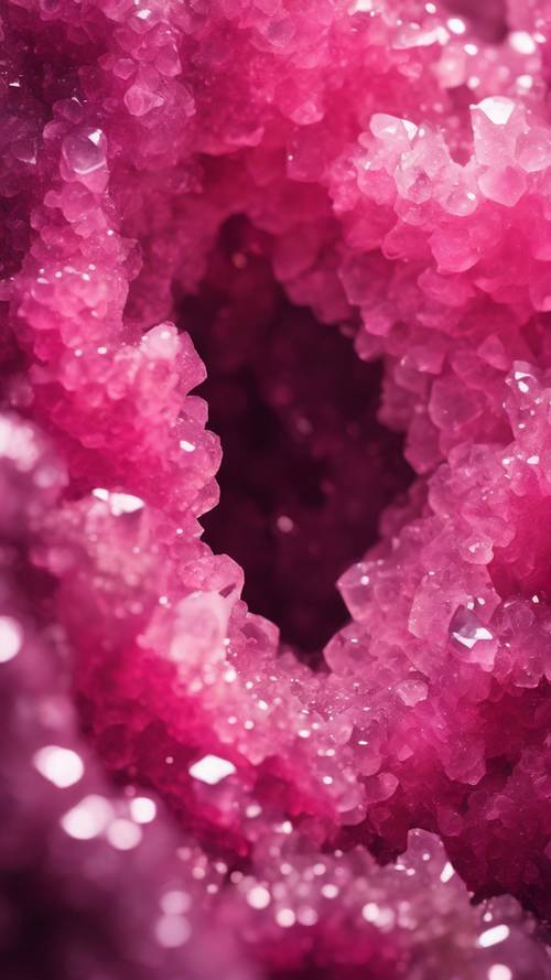 大きな結晶が輝く、暗いピンク色の水晶洞窟