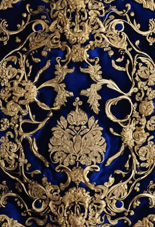 皇家天鹅绒图案，深蓝色，带有复杂的金色装饰。