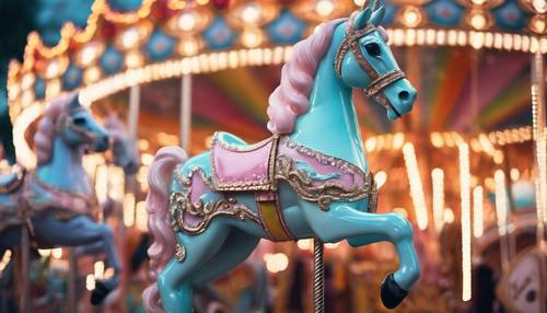 A whimsical carnival with pastel color crystal-encrusted carousel horses