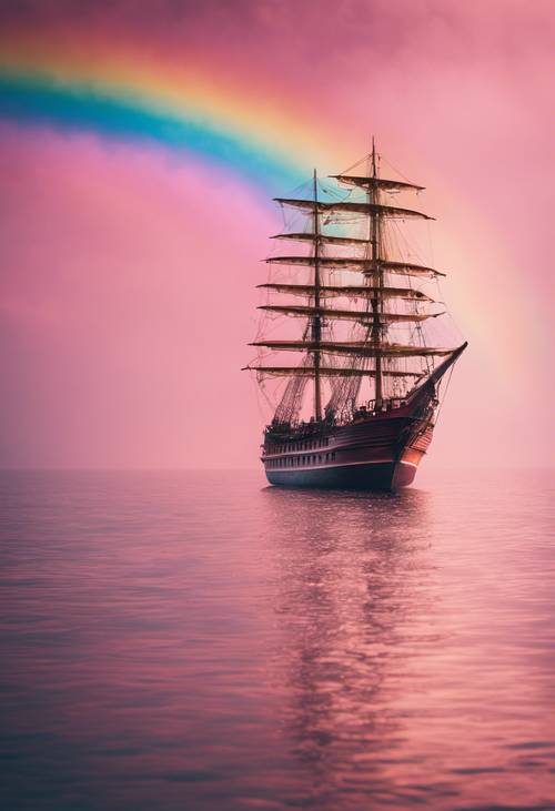 Sebuah kapal kayu mengarungi lautan di bawah pelangi bergaris merah muda.