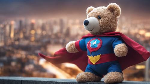 Un orsacchiotto vestito da supereroe, che vola sullo sfondo di un paesaggio urbano.