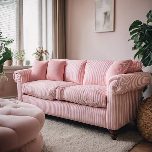 舒适的客厅里，有一张软垫沙发，上面铺着粉色和白色条纹的装饰。