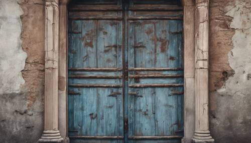 Một cánh cửa gỗ cũ kỹ màu xanh và nâu trong một tòa nhà lịch sử.