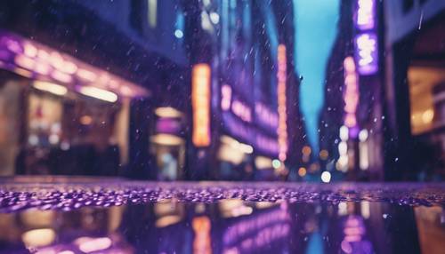 A shimmering cityscape under the rainfall, the buildings reflecting hues of deep blue and purple.