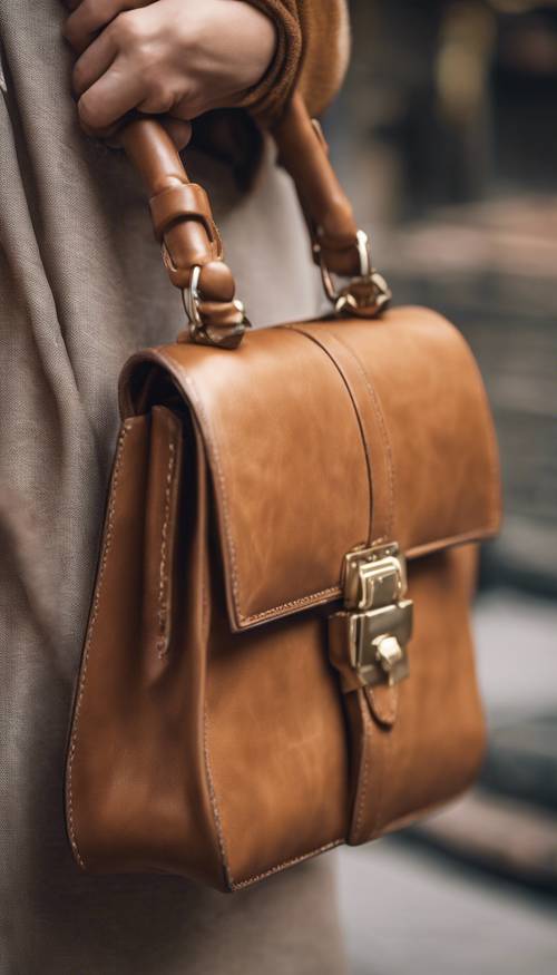 حقيبة يد جلدية باللون البني الفاتح تتدلى بشكل أنيق من ذراع المرأة.