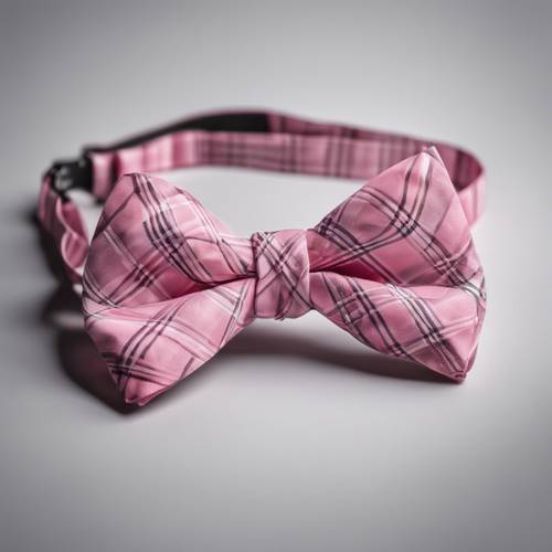 Красивый розовый галстук-бабочка в клетку с идеально завязанным узлом.