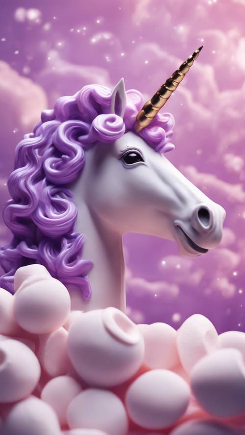 Seekor unicorn kawaii dengan surai ungu melompat menembus awan marshmallow.