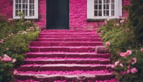 Leuchtend rosa Ziegelstufen führen zu einem charmanten Cottage in einem Waldstück.