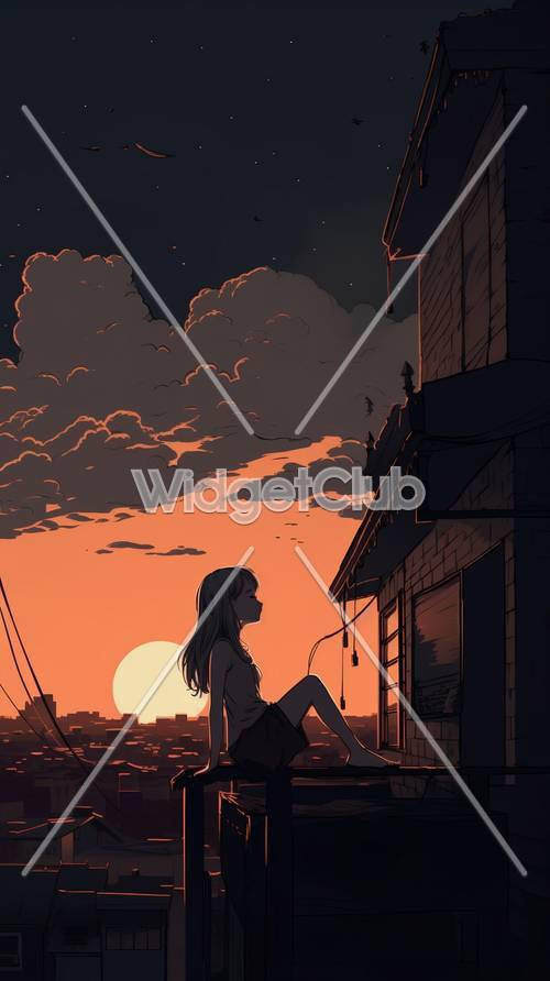 Gün batımı şehir manzarası ve çatıdaki kız